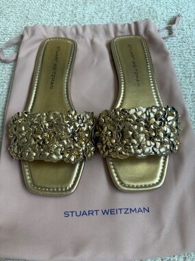 Stuart Weitzman Metallic Gold Floral Slides